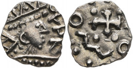 BRITISH, Anglo-Saxon. Continental Sceattas. Circa 690-715/20. Penny (Silver, 12 mm, 1.21 g). Crowned head right with runes. Rev. Blundered legend arou...