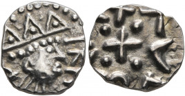 BRITISH, Anglo-Saxon. Continental Sceattas. Circa 690-715/20. Penny (Silver, 12 mm, 1.24 g). Crowned head right with runes. Rev. Blundered legend arou...
