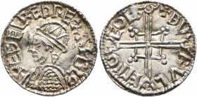 BRITISH, Anglo-Saxon. Kings of All England. Aethelred II, 978-1016. Penny (Silver, 19 mm, 1.33 g, 11 h), helmet type, moneyer Thorulfr, York. ✠ AE DEL...