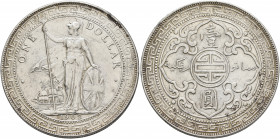 BRITISH, Trade Dollars. Dollar 1902 (Silver, 38 mm, 27.00 g, 12 h), struck for circulation in East Asia, Bombay (Mumbay) Britannia standing facing, he...