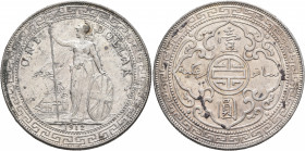 BRITISH, Trade Dollars. Dollar 1912 (Silver, 39 mm, 27.00 g, 12 h), struck for circulation in East Asia, Bombay (Mumbay) Britannia standing facing, he...