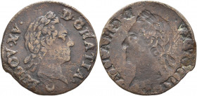FRANCE, Royal. Louis XV le Bien-Aimé (the Well-Beloved), 1715–1774. Liard (Bronze, 21 mm, 2.72 g, 12 h), à la vieille tête. Brockage mint error. LVDOV...