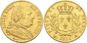 FRANCE, Royal (Restored). Louis XVIII -1824. 20 Francs 1814 (Gold, 20 mm, 6.44 g, 6 h), Paris, 1814. LOUIS XVIII ROI DE FRANCE Bare-headed bust of Lou...