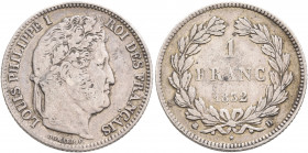 FRANCE, Royal (Restored). Louis Philippe, 1830-1848. Franc 1832 (Silver, 22 mm, 5.00 g, 6 h), Lyon LOUIS PHILIPPE I ROI DES FRANÇAIS Head of Louis Phi...