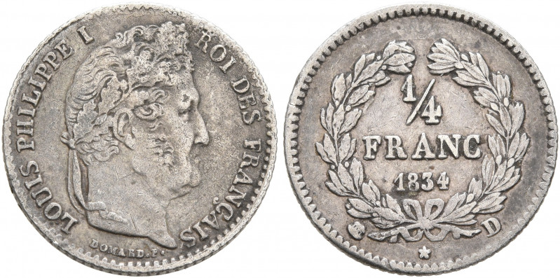 FRANCE, Royal (Restored). Louis Philippe, 1830-1848. 1/4 Francs 1834 (Silver, 15...