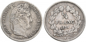 FRANCE, Royal (Restored). Louis Philippe, 1830-1848. 1/4 Francs 1834 (Silver, 15 mm, 1.19 g, 6 h), Lyon LOUIS PHILIPPE I ROI DES FRANÇAIS Head of Loui...