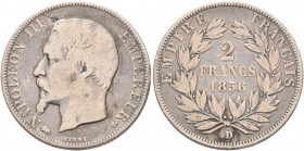 FRANCE, Second Empire. Napoléon III, 1852-1870. 2 Francs 1856 (Silver, 26 mm, 9.71 g, 6 h), Lyon NAPOLEON III EMPEREUR Bare head of Napoléon III to le...