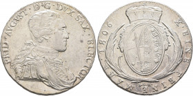 GERMANY. Sachsen-Albertinische Linie. Friedrich August III (I), 1763-1827. Taler 1806 (Silver, 38 mm, 27.91 g, 12 h), Dresden. FRID AVGVST D G DVX SAX...