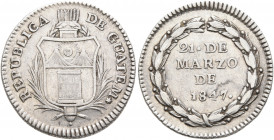 GUATEMALA. Federal Republic of Central America. 1823-1851. Medal of 1 Real 1847 (Silver, 20 mm, 3.36 g, 6 h). REPUBLICA DE GUATEM✱ Coat of arms contai...