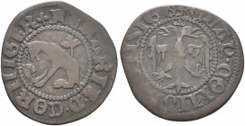 ITALY. Ferrara. Borso d'Este, 1450-1471. Quattrino (Bronze, 15 mm, 0.54 g, 3 h). FERARIE D CORNIGER Unicorn sitting left, palm tree behind. Rev. CLAR ...