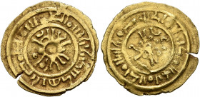 ITALY. Sicilia. Anonymous, circa 11 century. 1/4 Dinar (Gold, 17 mm, 1.15 g), an interesting local imitation of a Fatimid 1/4 dinar. Pseudo-Kufic lege...