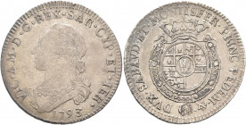 ITALY. Savoia-Sardegna. Vittorio Amadeo III. 1773-1796. Quarto Scudo 1793 (Silver, 30 mm, 8.78 g, 6 h), Torino VIC AM D G REX SAR CYP ET IER Bust of V...