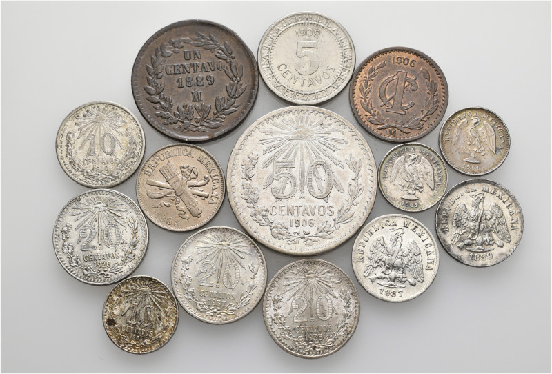 A lot containing 14 silver and bronze coins. All: Mexico. Very fine to extremely...