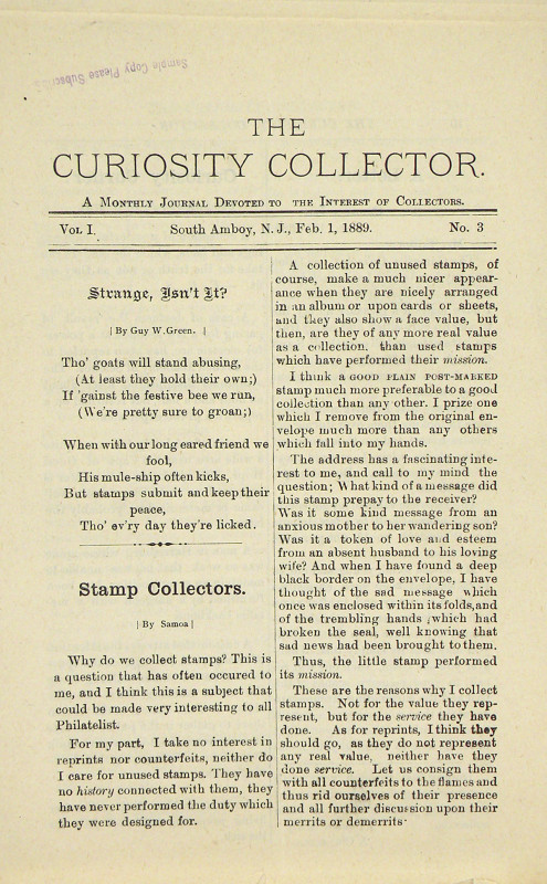 Bartlett, J.D. [publisher]. THE CURIOSITY COLLECTOR. Volume I, Nos. 3, 4, 5, 7, ...