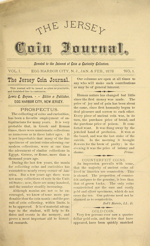 Boysen, Lewis C. [publisher]. THE JERSEY COIN JOURNAL. Volume I, No. 1 (Egg Harb...