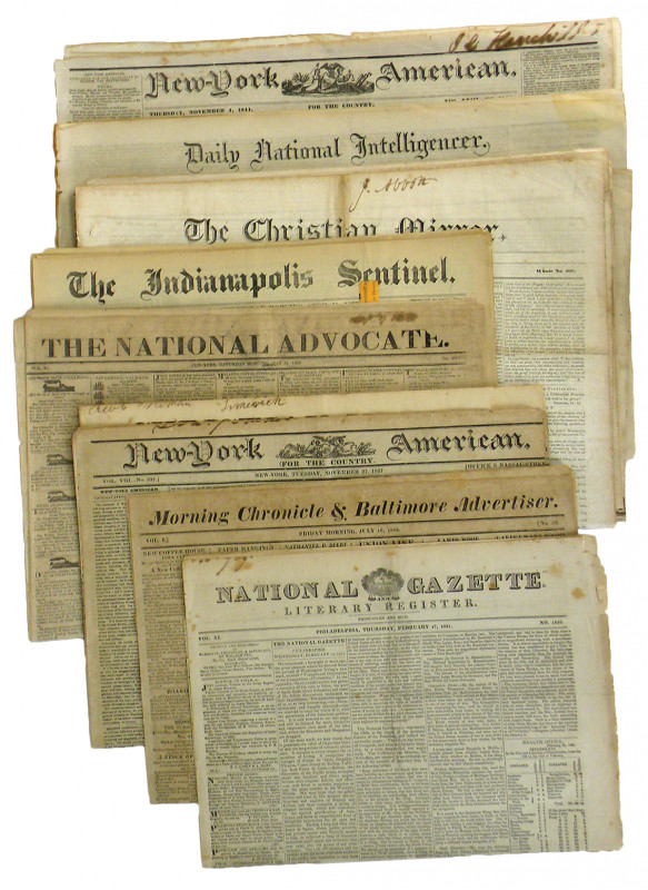 [Counterfeiting]. FOURTEEN AMERICAN NEWSPAPERS, 1819-77, FEATURING ARTICLES ON C...