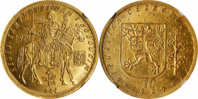 CZECHOSLOVAKIA. 10 Ducats, 1929. Kremnica Mint. NGC MS-64.
Fr-4; KM-14; Novotny-19. Mintage: 1,564. Doused in rich mint luster and a shimmering sunny...
