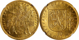 CZECHOSLOVAKIA. 10 Ducats, 1931. Kremnica Mint. NGC MS-64.
Fr-4; KM-14; Novotny-19 (R). Mintage: 1,239. A SCARCE near-Gem, the present example displa...