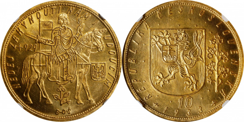 CZECHOSLOVAKIA. 10 Ducats, 1933. Kremnica Mint. NGC MS-64.
Fr-4; KM-14; Novotny...