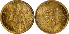 CZECHOSLOVAKIA. 10 Ducats, 1934. Kremnica Mint. NGC MS-65.
Fr-4; KM-14; Novotny-19 (R). Mintage: 1,298. Amazing to behold, this example of the RARE t...