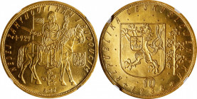 CZECHOSLOVAKIA. 10 Ducats, 1936. Kremnica Mint. NGC MS-66.
Fr-4; KM-14; Novotny-19 (RR). Mintage: 633. A splendid example that portrays all the beaut...