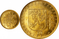 CZECHOSLOVAKIA. 10 Ducats, 1951. Kremnica Mint. NGC MS-64.
Fr-4; KM-14; Novotny-54 (RRR). Mintage: 100. In close competition with the 1937 and 1938 i...