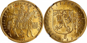 CZECHOSLOVAKIA. 5 Ducats, 1930. Kremnica Mint. NGC MS-65.
Fr-5; KM-13; Novotny-18 (RRR). Mintage: 543. Being surpassed in elusiveness by only the 193...