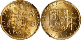 CZECHOSLOVAKIA. 5 Ducats, 1931. Kremnica Mint. NGC MS-67.
Fr-5; KM-13; Novotny-18. Mintage: 1,528. Offering a spectacular visual treat, the present s...