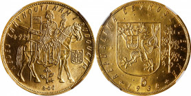 CZECHOSLOVAKIA. 5 Ducats, 1938. Kremnica Mint. NGC MS-66.
Fr-5; KM-13; Novotny-18 (RRRR). Mintage: 56. Of all the circulation quality European coins ...