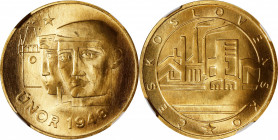 CZECHOSLOVAKIA. Gold Medallic 5 Ducats, ND (ca. 1968). Kremnica Mint. NGC MS-67.
Fr-Unlisted; KMX-Unlisted; Novotny-Unlisted. Weight: 17.9 gms. Minta...