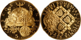CZECHOSLOVAKIA. Gold Medallic 5 Ducats, ND (1972). Kremnica Mint. NGC MS-65.
Fr-Unlisted; KMX-Unlisted. By: Zdeněk Kolářsk&yacute;. Mintage: 500. Obv...