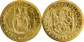 CZECHOSLOVAKIA. 2 Ducats, 1933. Kremnica Mint. NGC MS-63.
Fr-1; KM-9; Novotny-17. Mintage: 4,671. Displaying an impressive luster along with crystal ...