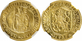CZECHOSLOVAKIA. Ducat, 1927. Kremnica Mint. NGC MS-66.
Fr-2; KM-8; Novotny-16. Blazing with mint brilliance, this uncirculated Gem Ducat provides ent...