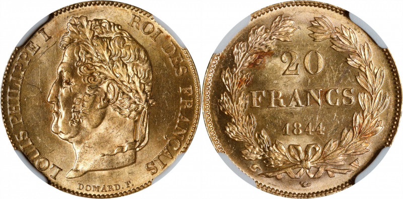 FRANCE. 20 Francs, 1844-W. Lille Mint. Louis Philippe I. NGC MS-64+.
Fr-562; KM...