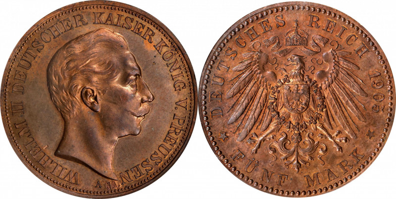 GERMANY. Prussia. Copper 5 Mark Pattern, 1905-A. Berlin Mint. Wilhelm II. NGC PR...