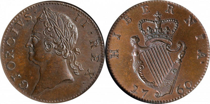 IRELAND. 1/2 Penny, 1760. London Mint. George II. NGC PROOF-65 Brown.
S-6610; K...