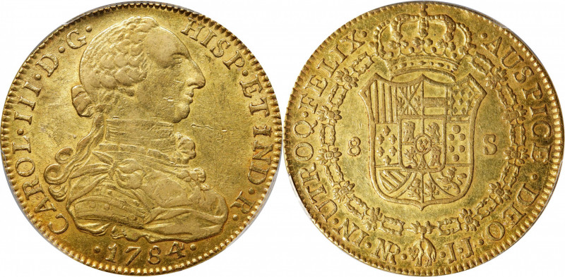 COLOMBIA. 8 Escudos, 1784-NR JJ. Nuevo Reino (Bogota) Mint. Charles III. PCGS AU...