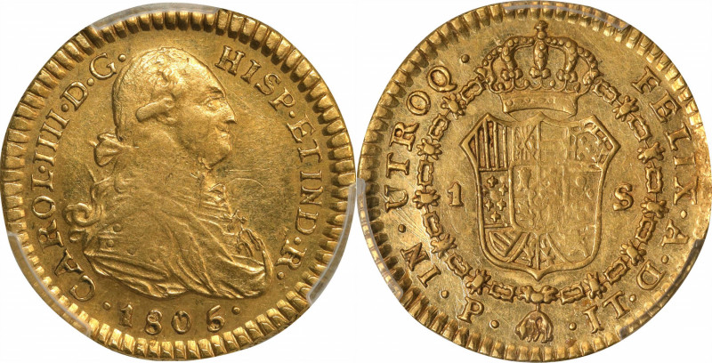 COLOMBIA. Escudo, 1805-P JT. Popayan Mint. Charles IV. PCGS AU-58.
Fr-59; KM-56...