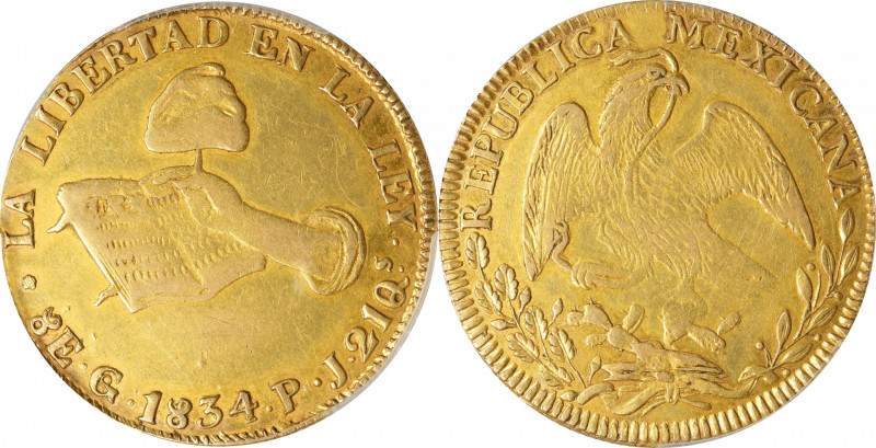 MEXICO. 8 Escudos, 1834-Go PJ. Guanajuato Mint. PCGS EF-45.
Fr-72; KM-383.7. Go...