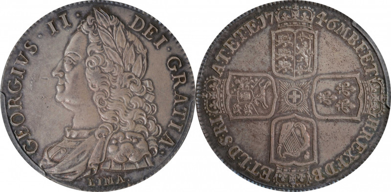 GREAT BRITAIN. Crown, 1746-LIMA Year D.NONO. London Mint. George II. PCGS AU-55....