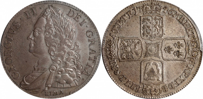 GREAT BRITAIN. Crown, 1746-LIMA Year D.NONO. London Mint. George II. PCGS Genuin...