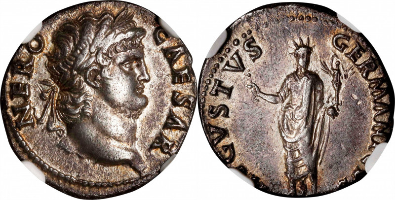 NERO, A.D. 54-68. AR Denarius (2.82 gms), Rome Mint, ca. A.D. 64-65. NGC AU, Str...