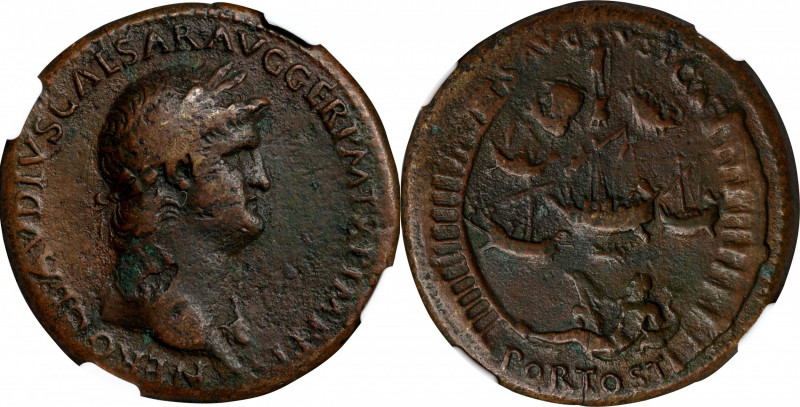 NERO, A.D. 54-68. AE Sestertius (23.33 gms), Rome Mint, ca. A.D. 64. NGC VF, Str...