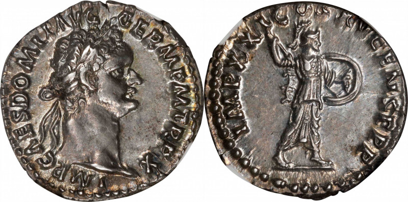 DOMITIAN, A.D. 81-96. AR Denarius (3.50 gms), Rome Mint, ca. A.D. 90-91. NGC Ch ...