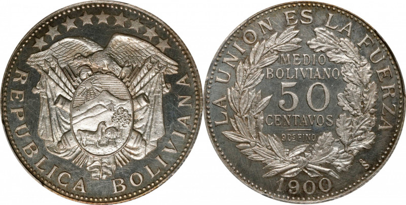 BOLIVIA. 50 Centavos (1/2 Boliviano), 1900-So. Santiago Mint. PCGS PROOF-65 Came...