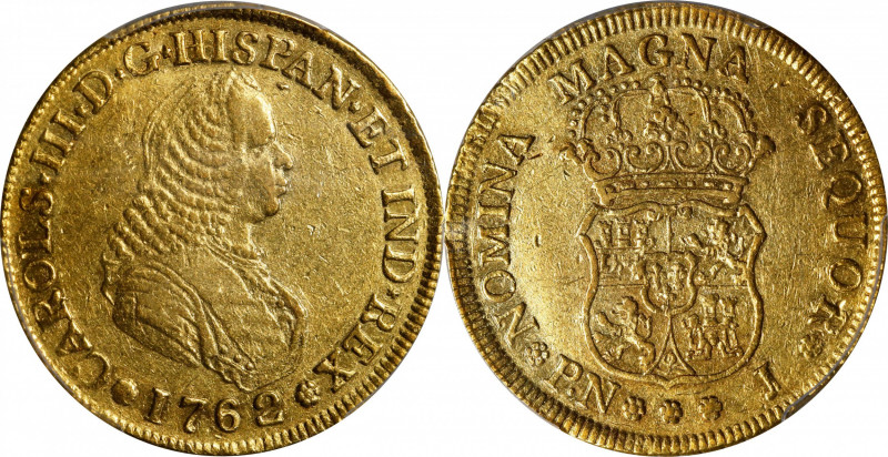 COLOMBIA. 4 Escudos, 1762-PN J. Popayan Mint. Charles III. PCGS AU-53.
Fr-26; K...