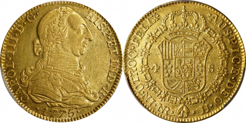 COLOMBIA. 4 Escudos, 1775-NR JJ/VJ. Bogota Mint. Charles III. PCGS Genuine--Clea...