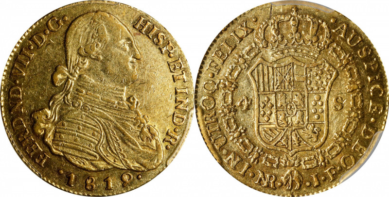 COLOMBIA. 4 Escudos, 1819- NR JF. Bogota Mint. Ferdinand VII. PCGS AU-55.
Fr-62...