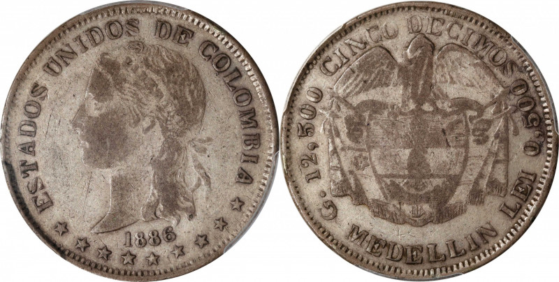 COLOMBIA. 5 Decimos, 1886. Medellin Mint. PCGS VF-25.
KM-164.2; Restrepo-304-1....