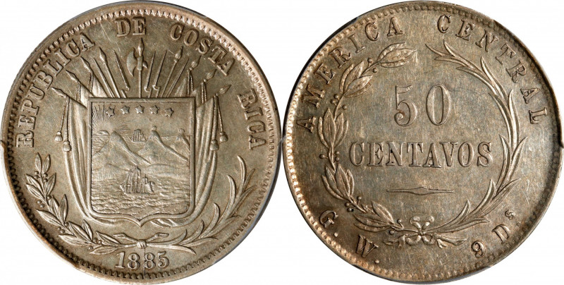 COSTA RICA. 50 Centavos, 1885-GW. San Jose Mint. PCGS AU-58.
KM-124. Variety wi...